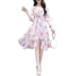 2024 Summer New Fashion Dress Pink Korean Edition Fashion Slimming Mid length V-neck Chiffon Fragmented Flower Dress for Women