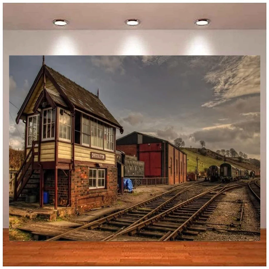 Old Train Track Photography Backdrop Vintage Railway Station Background Locomotive Rail House Adult Portrait Wild West Photo