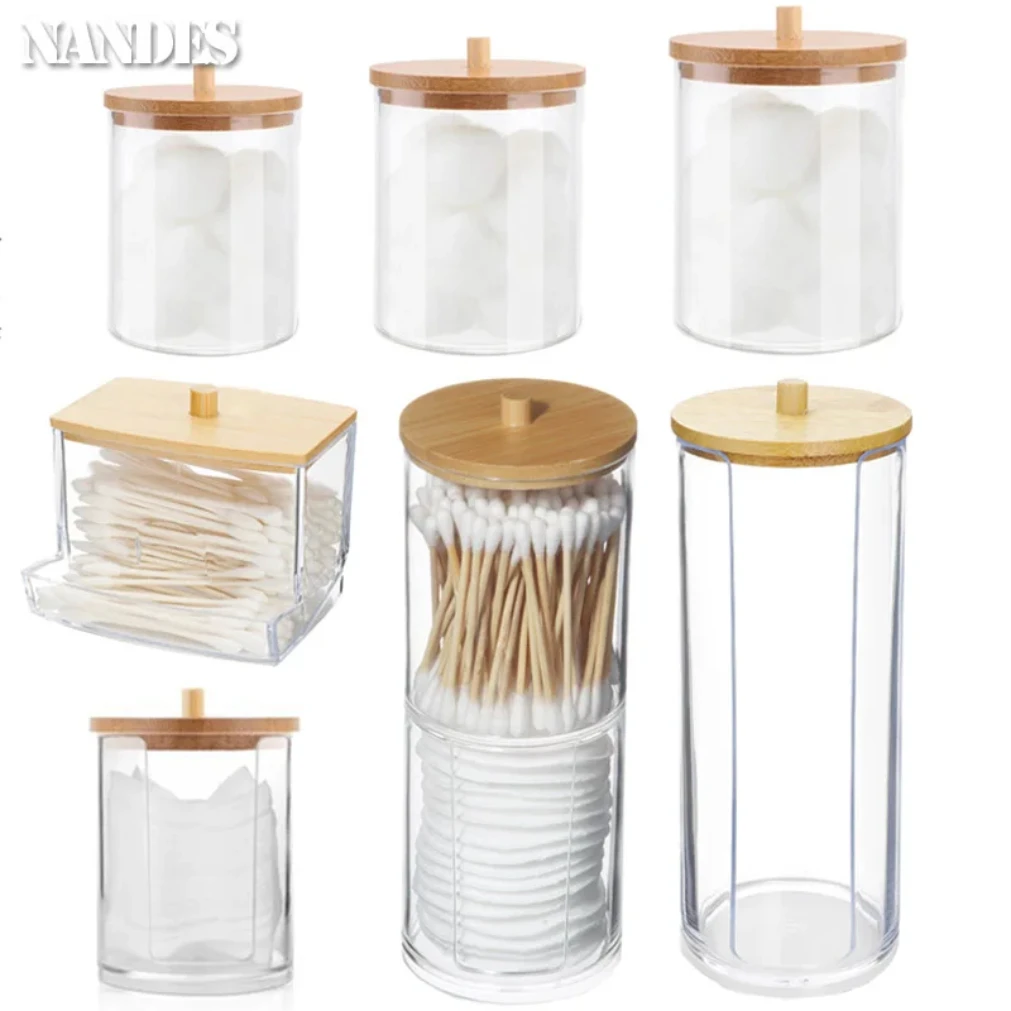 

Acrylic Storage Box Bathroom Jar Makeup Organizer Cotton Round Pad Holder Cotton Holder Dispenser with Bamboo Lid Clear Plastic