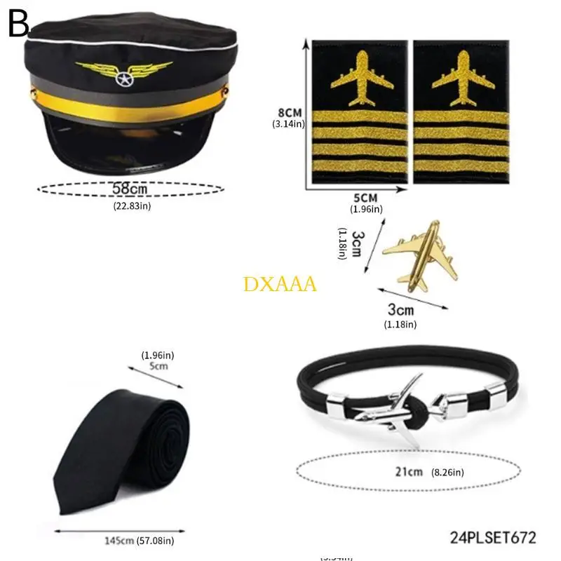 Dxaa fantasia comissário bordo, roupas capitão, chapéu, uniforme, dragonas, gravata, luvas, aeromoça, acessórios