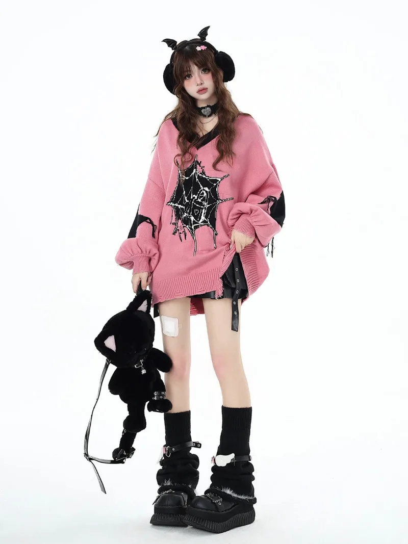 

Black Tassel Star Spider Sweaters Pink Women Lantern Sleeve Hole Knitted Sueter Mujer Y2k Oversize Pullover V Neck Jacquard