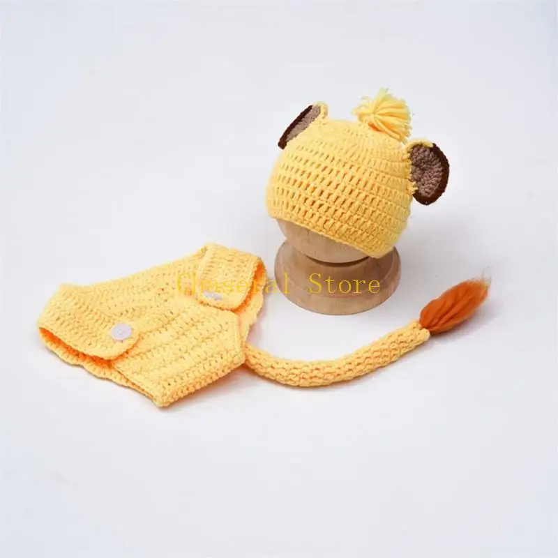 E7CE Newborn Photo Costume Knitting Lion Hat & Baby Briefs Shorts Photo Clothes Photo Props Crochet Lion Costume Set
