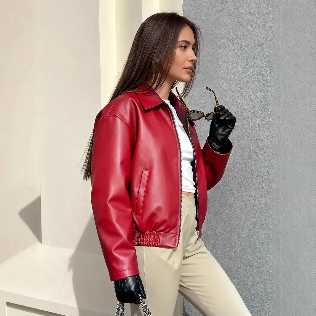 

Куртка женская KIDCRKJ, красная, весенняя, мотоциклетная, с отложным воротником, карманами, из искусственной кожи, в стиле пилот, для повседневной носки, женская, в стиле Highstreet