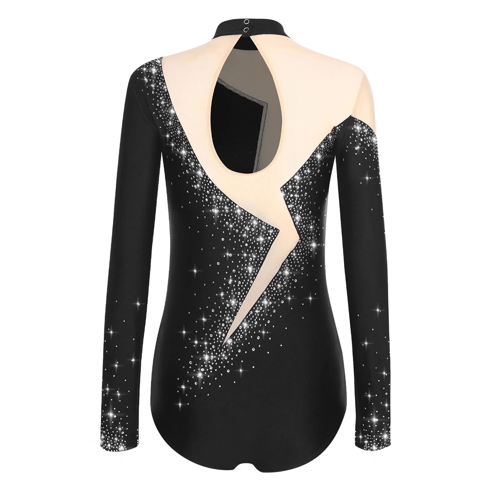 Body da donna con strass lucidi, pattinaggio di figura, ginnastica, body a maniche lunghe in rete trasparente per spettacoli di danza classica e acrobazie