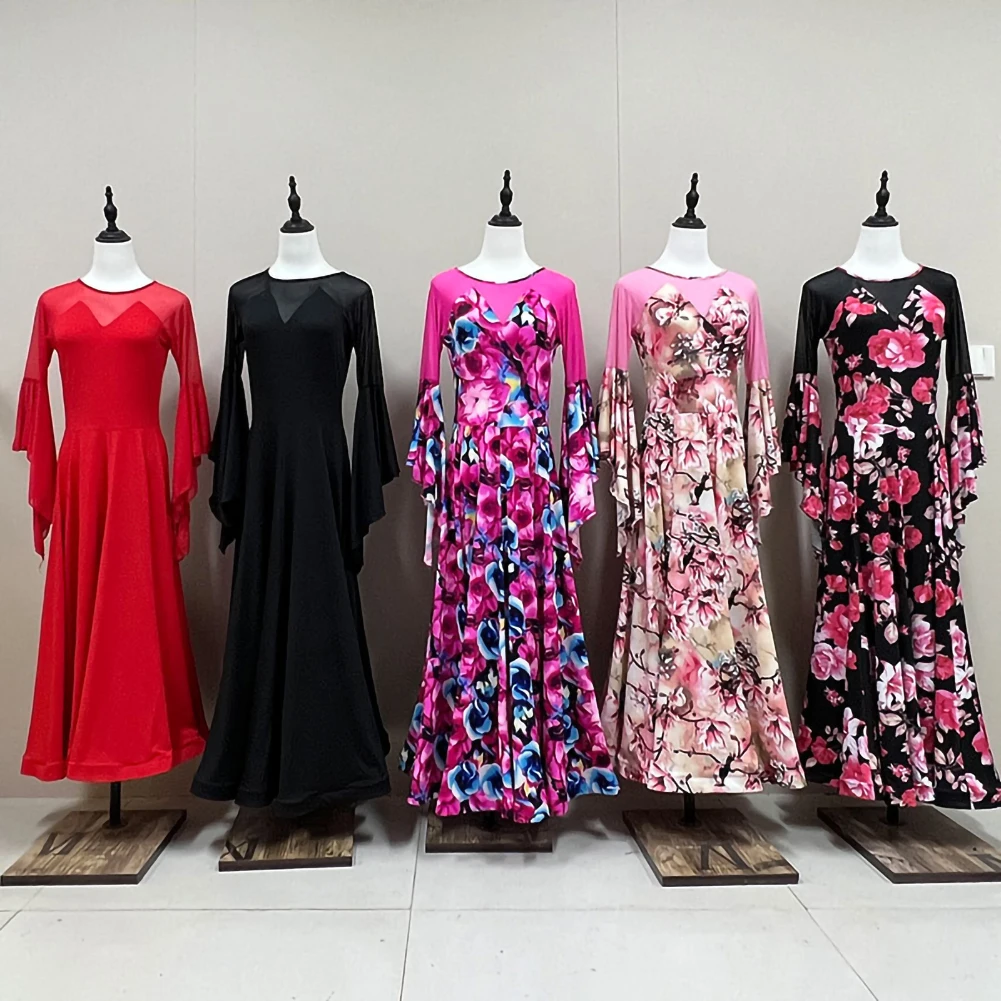 ชุดแสดงเต้นรำบอลรูมสีดำ แขนยาว คอกลม สีชมพู คุณภาพสูง สำหรับเต้นวอลซ์ รุ่นใหม่