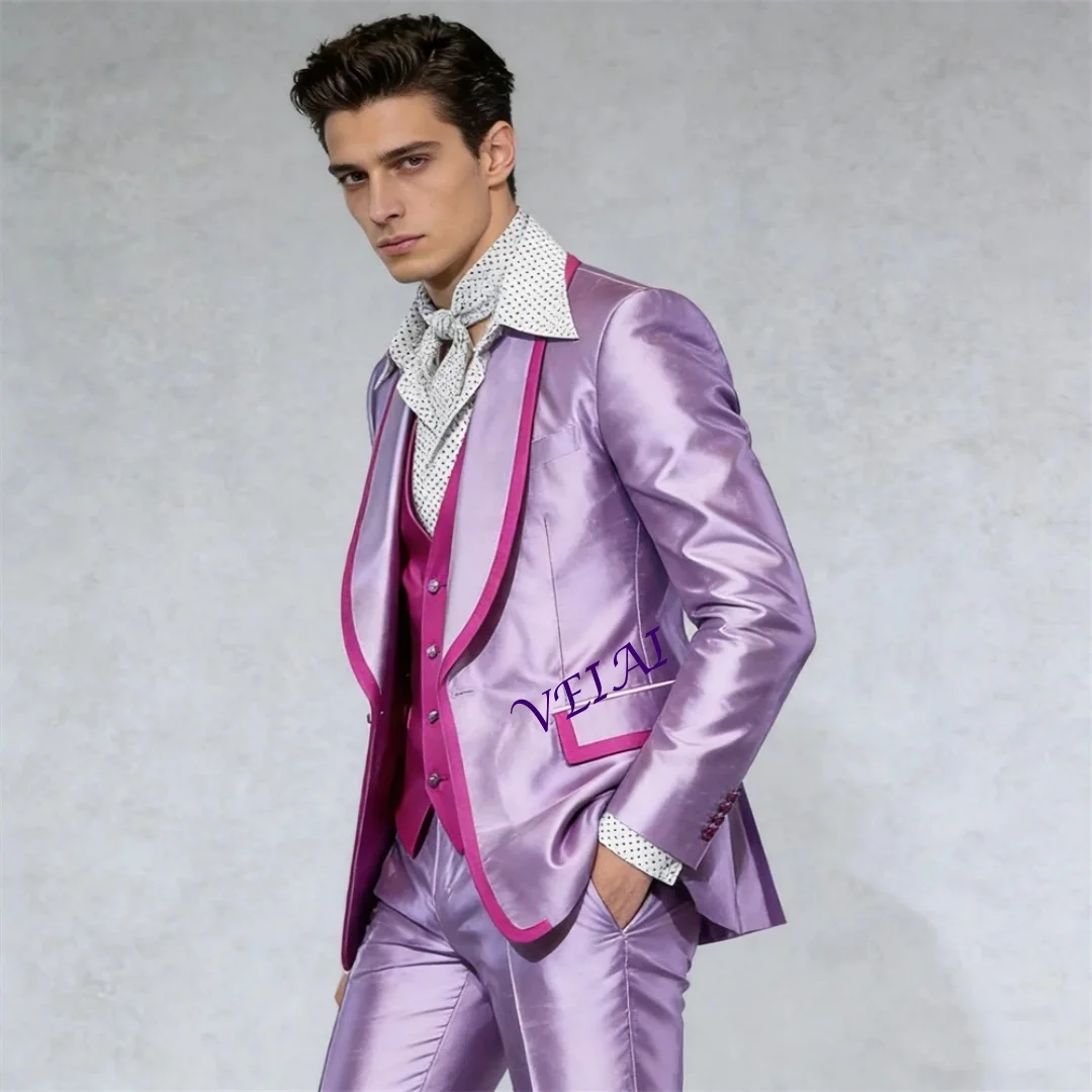 

Индивидуальный атласный костюм для выступлений на сцене для мужчин, мужской официальный костюм-тройка, современный крой с контрастными цветами