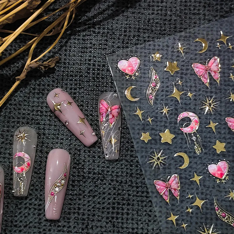 1 Sheet 5D Realistic Gold Stamping Gilding Pink Butterfly Moon Star Starlight Adhesive Nail Art Stickers Decals Manicure Charms