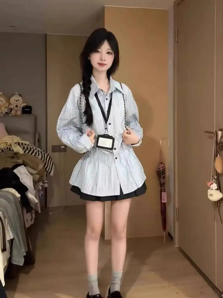 

Синяя полосатая женская рубашка в корейском стиле, приталенная, с длинным рукавом, с завышенной талией, весна-осень, новый дизайн, в студенческом стиле, из полиэстера