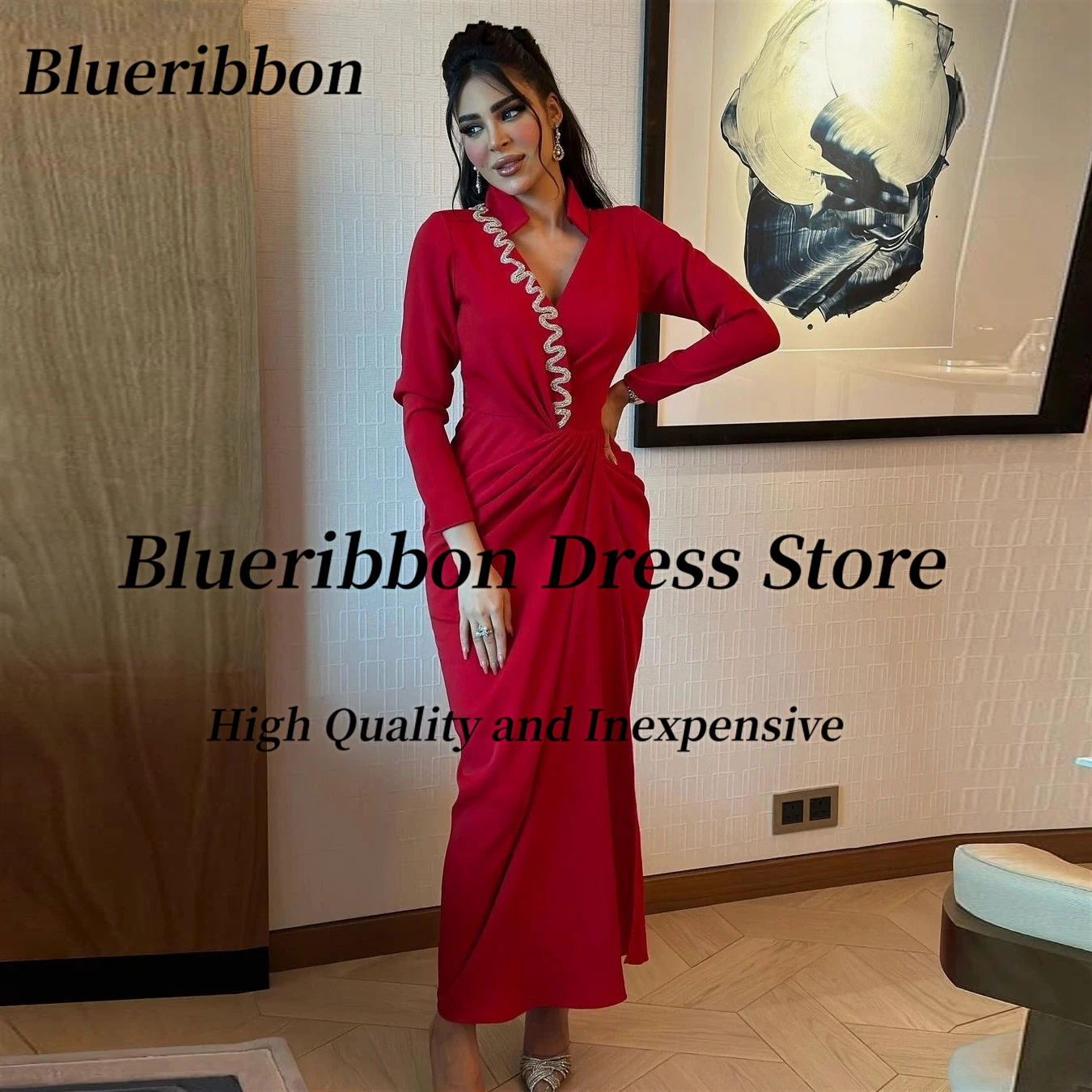 

Blueribbon Vestido De Festa Beaded Neckline Prom Dresses Saudi Arabia Women Wear Long Sleeves Ruched Evening Party Dress