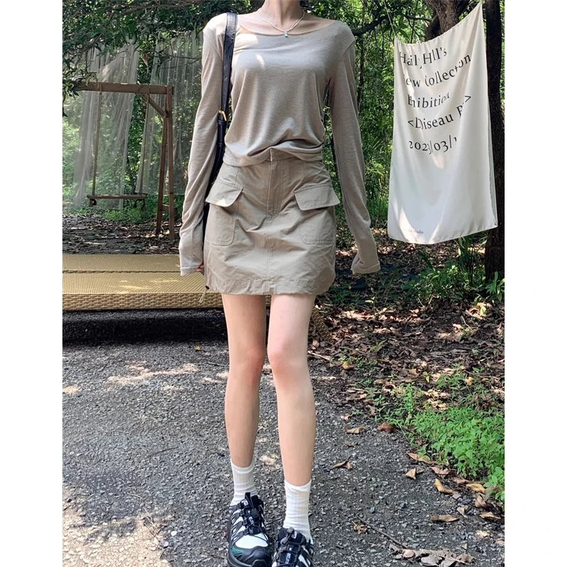 Slimming Short A-Line Skirt High Waist Thin Summer Cord American Workwear Skirt Trendy Utility Brown Half-length Women's Skirt