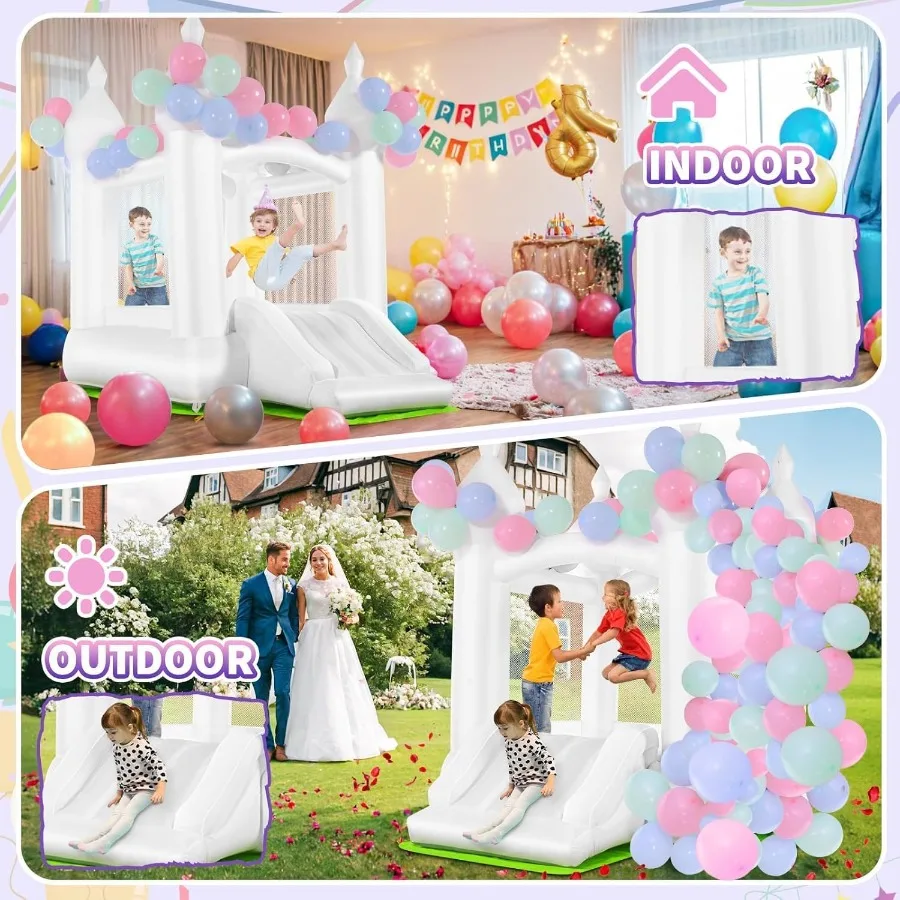 白いバウンスハウス、幼児用インフレータブルバウンスキャッスル（310）、スライド、送風機、フロアマット、風船付きジャンプキャッスル