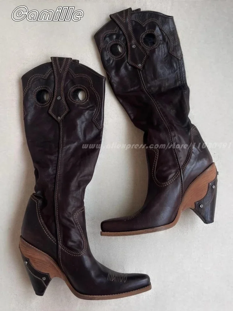 2025 Fashion All-Match Pleated Sexy Boots Square Toe Leather Boots