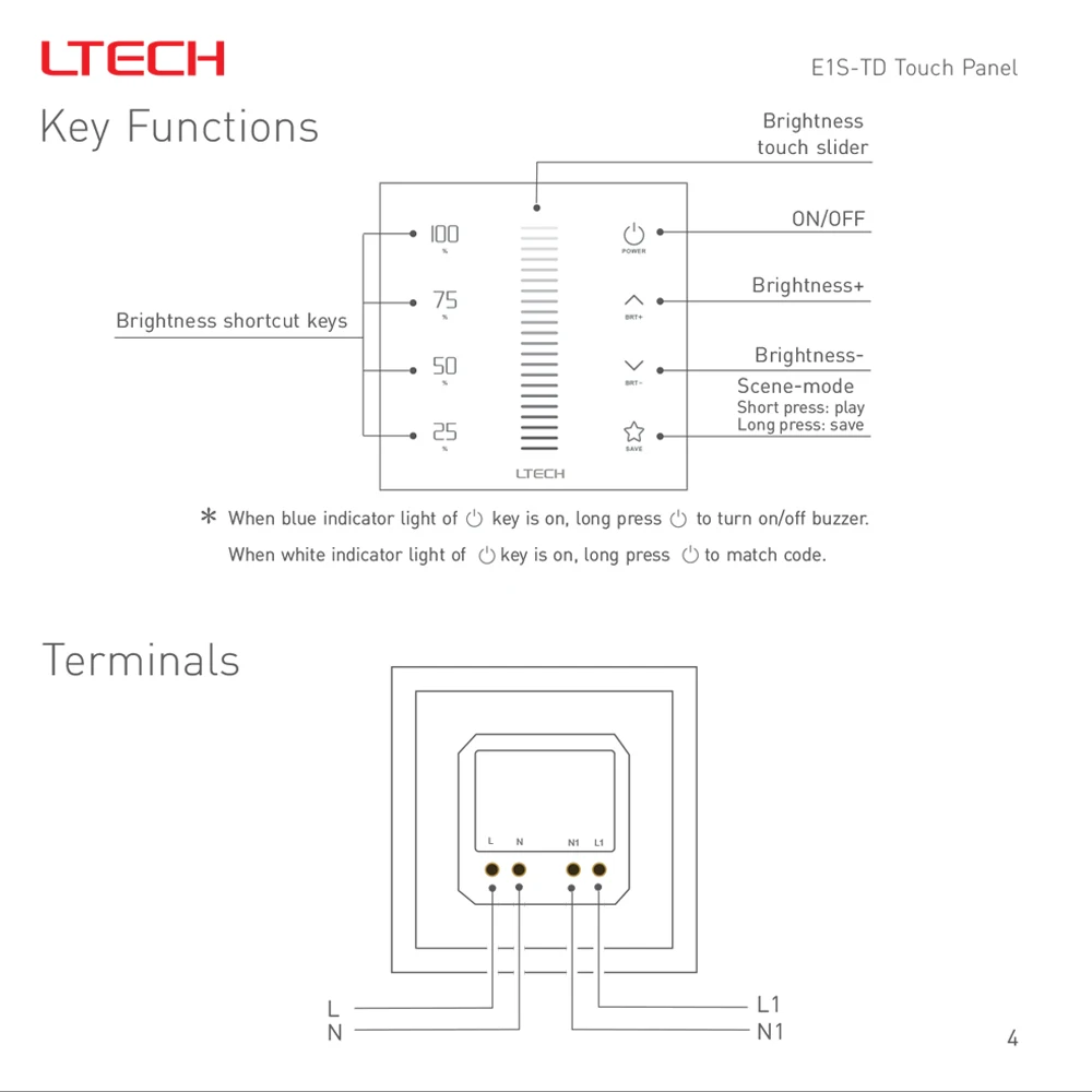 LTECH E1S-TD Touch Panel Dimming Brightnes 0-10V RF Wireless 2.4GHz DC100~240V Wall Mount  for LED Light Incandescent Lamp Strip