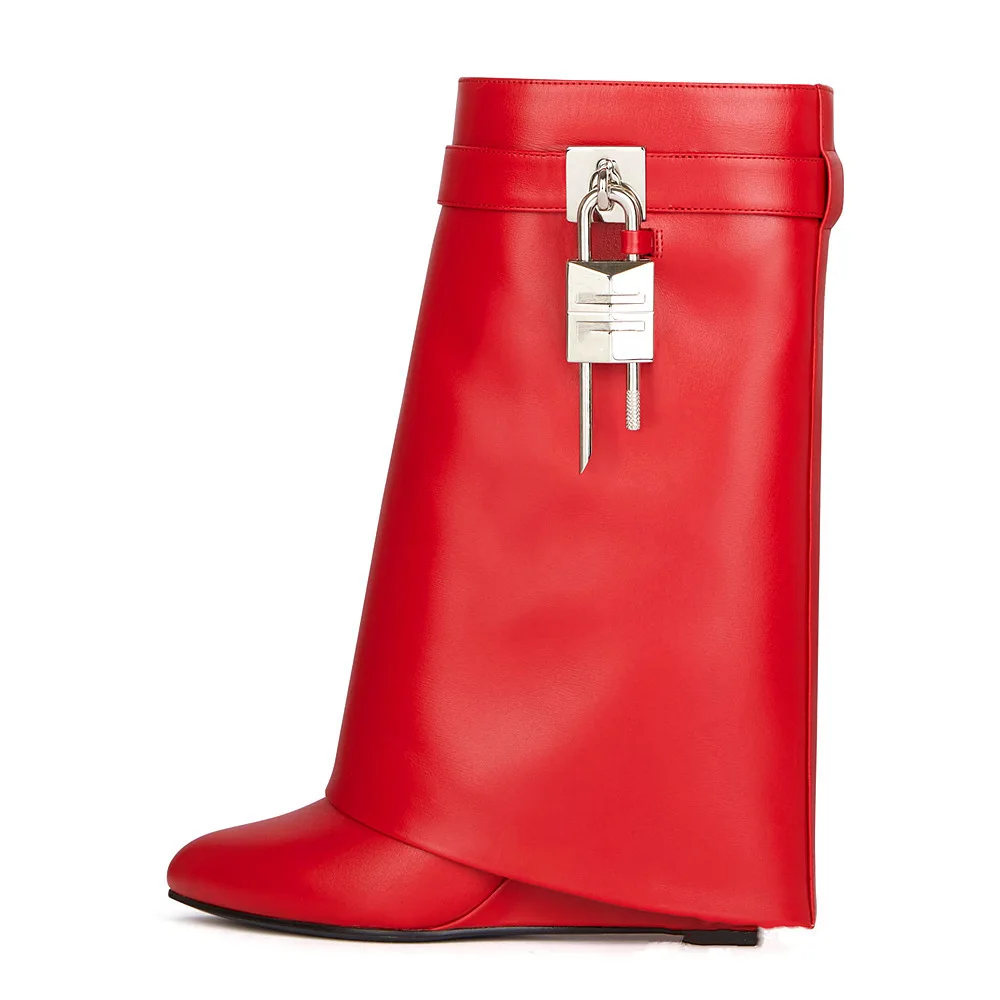Retro High Heel Metal Lock Tube Boot Sharp Pointed Toe 6cm Calf Boot Large Size Sleeve Boot Showtime Boot Polyester Fiber