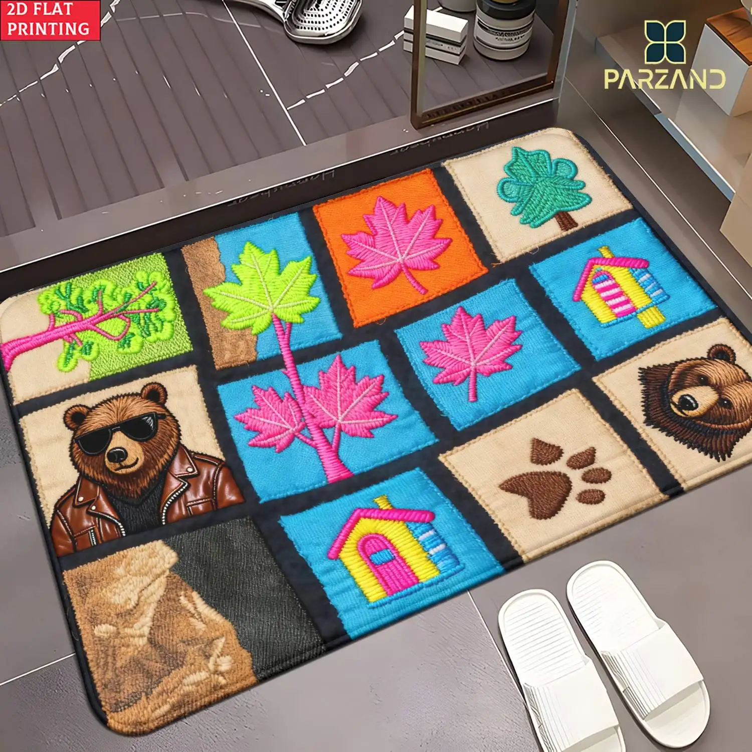 Adorable Kids Bear Paw Print Leaf House Motif Polyester Doormat Cartoon Floor Mat for Nursery Room Home Decor Entryway Rug