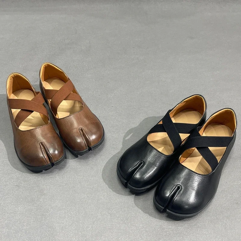 

Women's Shoes Cowhide Separate Toes Flats Black Brown Mary Jane Shoes Handmade Vintage Style All Genuine Leather