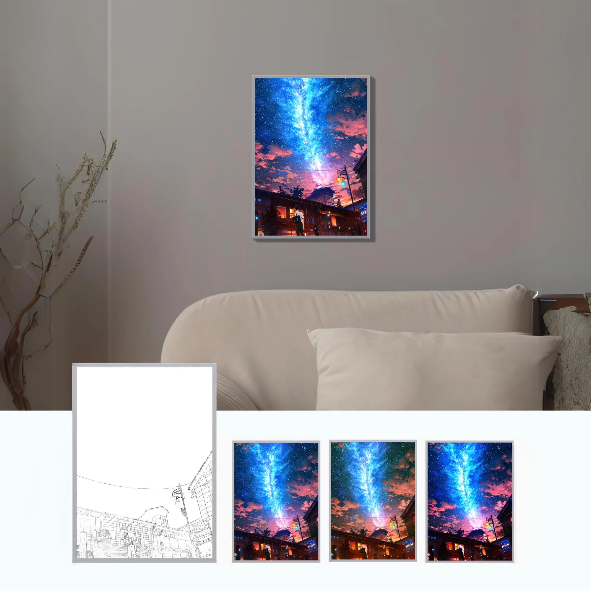 HD Anime Meteoro Pintura Atmosfera Luzes, Moldura Simples, Plug USB Dimming, Luz Noturna LED, Decoração de Casa, Mood Light Gift