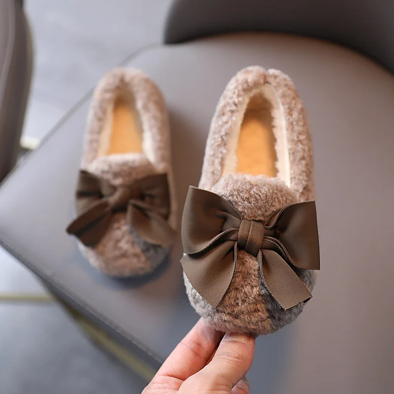 Girls Winter Shoes Cotton-padded Warm Cotton Fur Fluffy Children Flats Kids Loafers Slip-on Princess Sweet Anti-slippery Bowtie