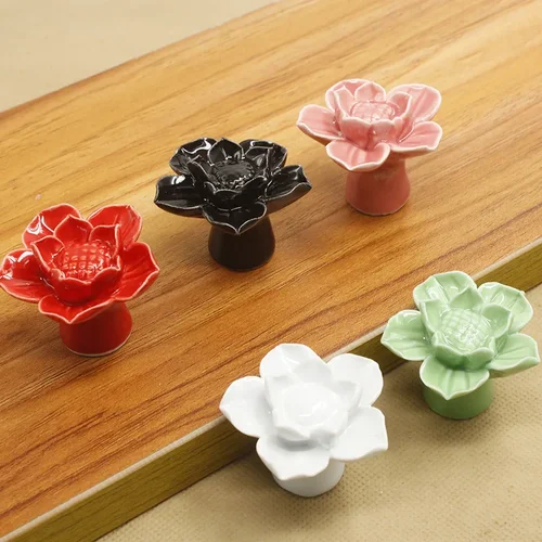 Imagen 2 del producto Manija de cerámica para niños, mango de dibujos animados de loto colorido para jardín, armario de flores, cajón, armario