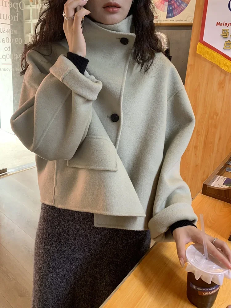 New Short 100% Wool Coat Women Fashion Autumn Winter Causal Double-sided Wool Coat Female Stand Collar Single Breasted Overcoat