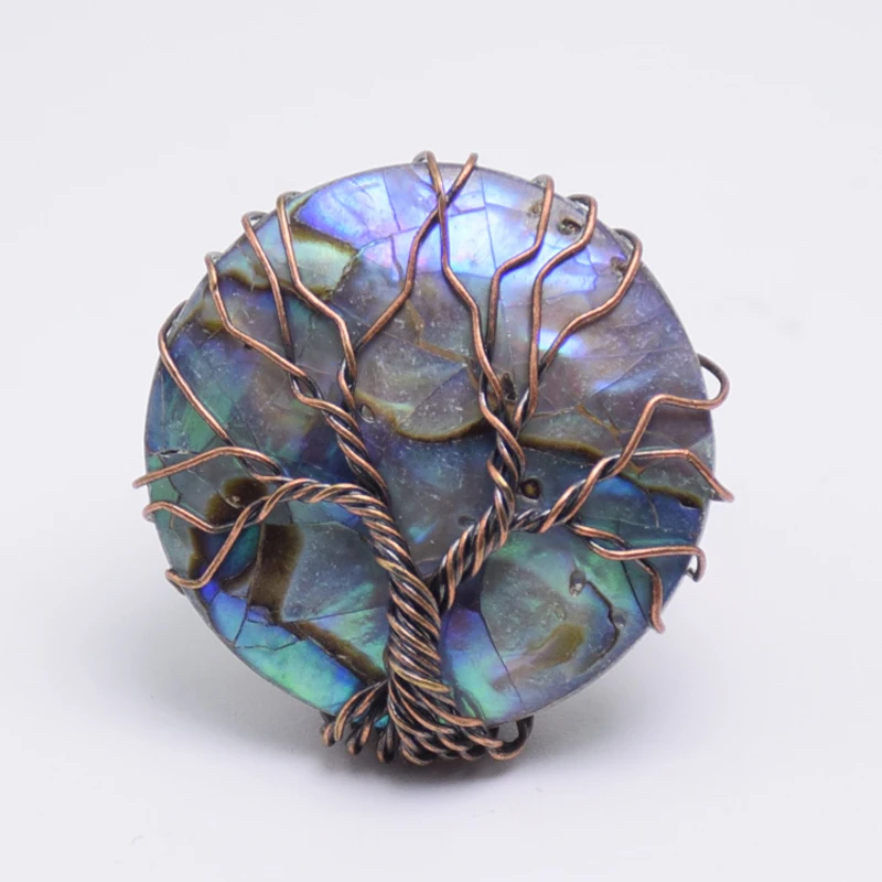 Vintage Natural Abalone Shell Tree of Life Finger Ring Antique Copper Wire Wrap Resizable Female Women Fashion Jewelry