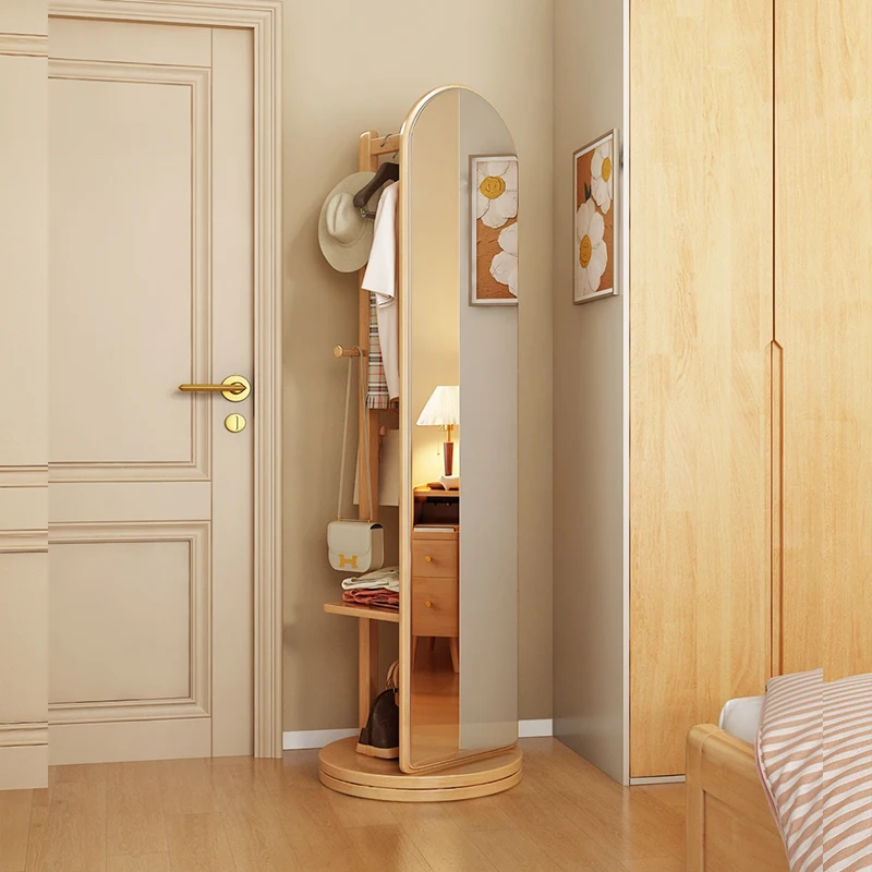Solid Wood Standing Mirror Rotatable Dressing Mirror with Clothes Rack and Storage Full Length Mirror for Living Room