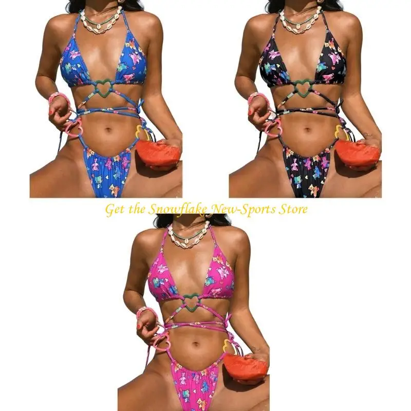 E56D 2pcs Women Cartoon Print String Triangle Halter Bathing Suit Swimsuit Beachwear