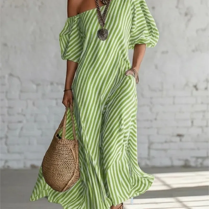 

Summer Elegant Striped Print Off-Shoulder Maxi Dresses Women's New Fashion Loose Pocket Dress Woman Casual Holiday Party Dress