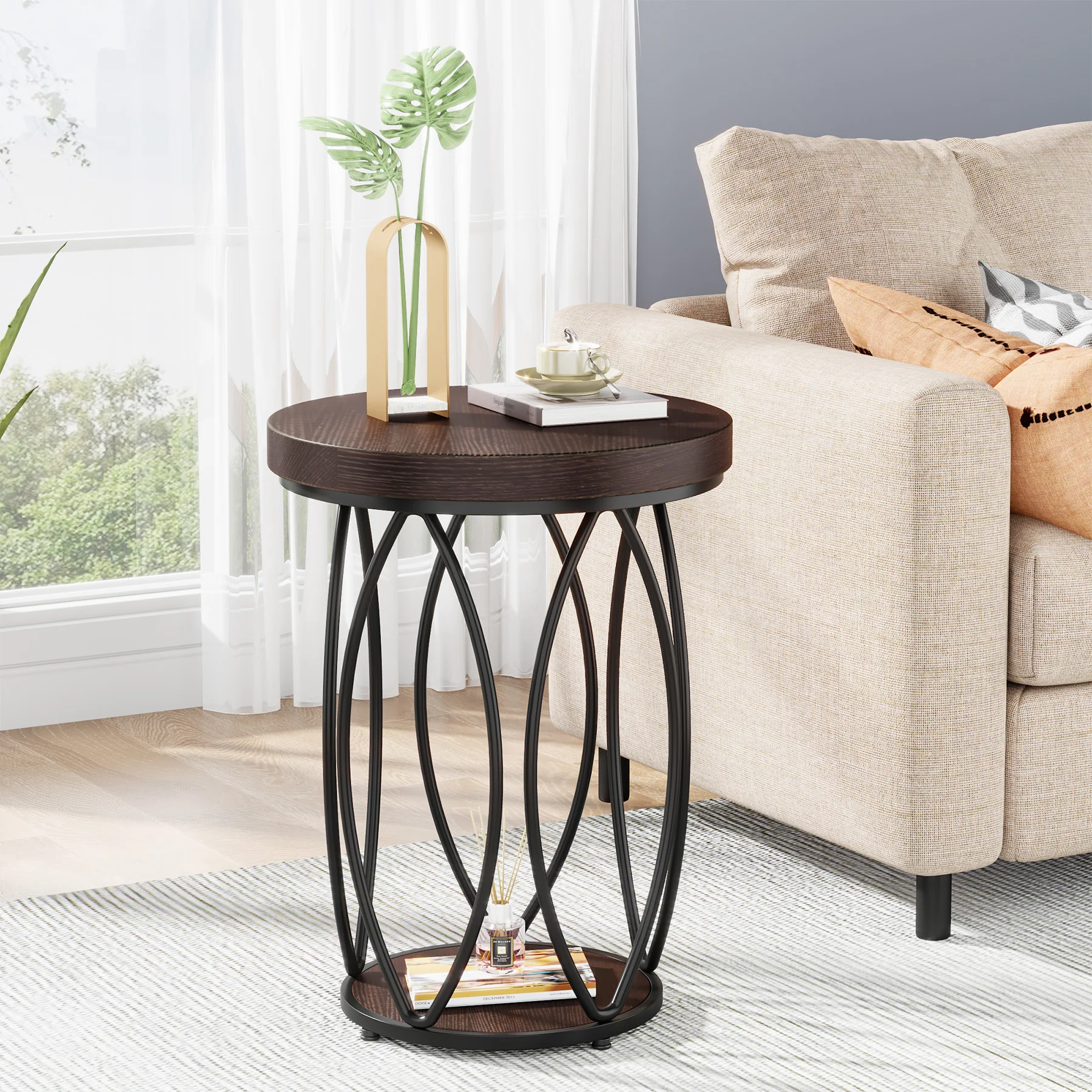 Tribesigns Round Side Table, Small End Table with Storage Shelf, Industrial Accent Bedside Table Couch Table with Metal Frame