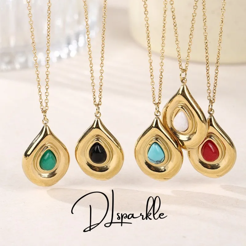 

DLsparkle Retro Large Water Drop Shape Golden Stainless Steel Necklace for Women Natural Stone Turquoise Necklaces Jewelry Gifts
