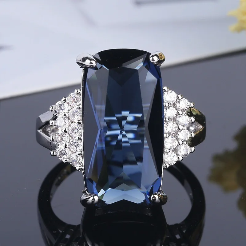 Exquisite Silver Color Dark Blue Geometric Rectangle Crystal Zircon Rhinestone Female Ring for Women Party Jewelry