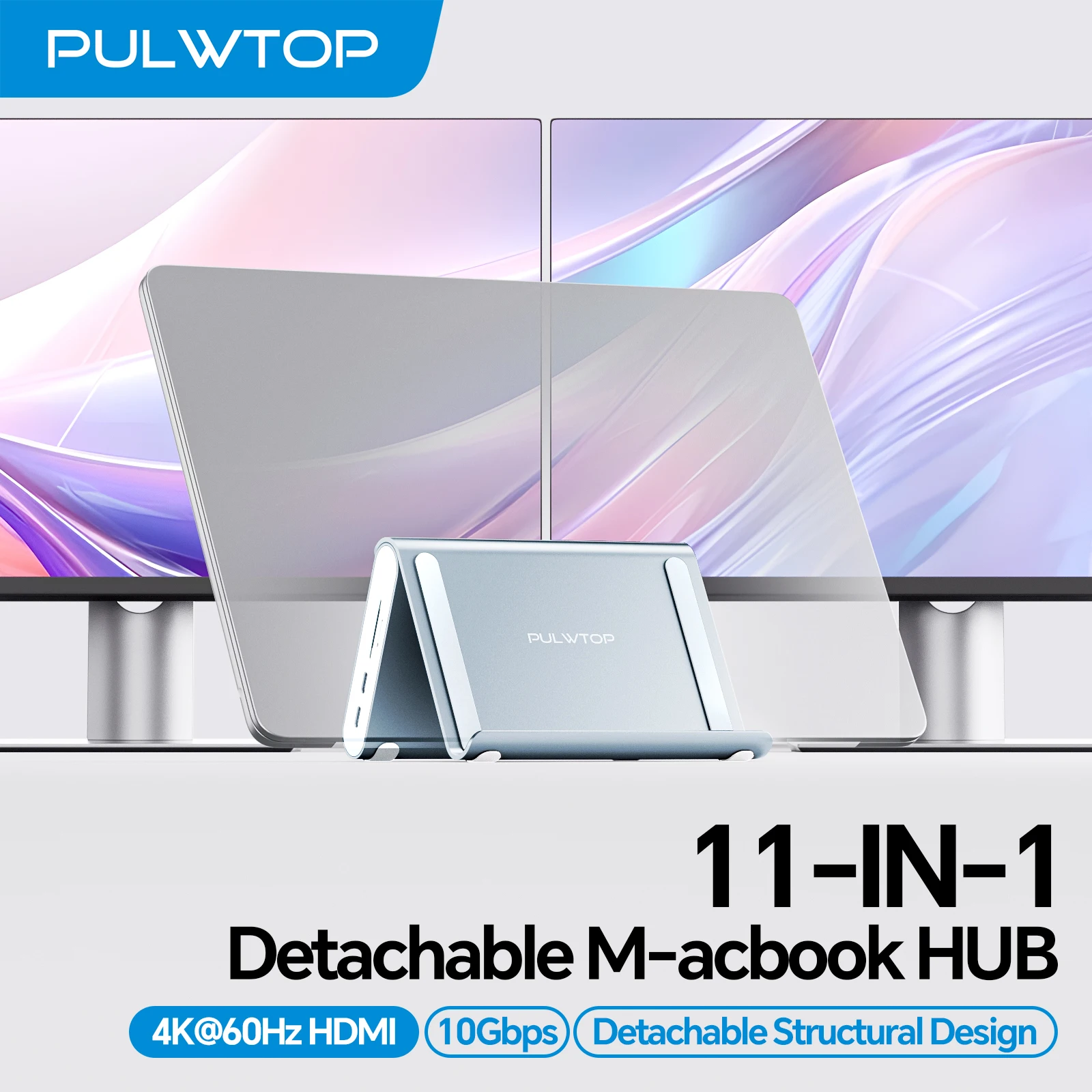 PULWTOP 11-in-1 MacBook USB C Dock Stand with 2x 4K@60Hz, 100W PD, RJ45,10Gbps Data, SD/TF, 3.5mm Audio, USB 2.0-Sky Blue
