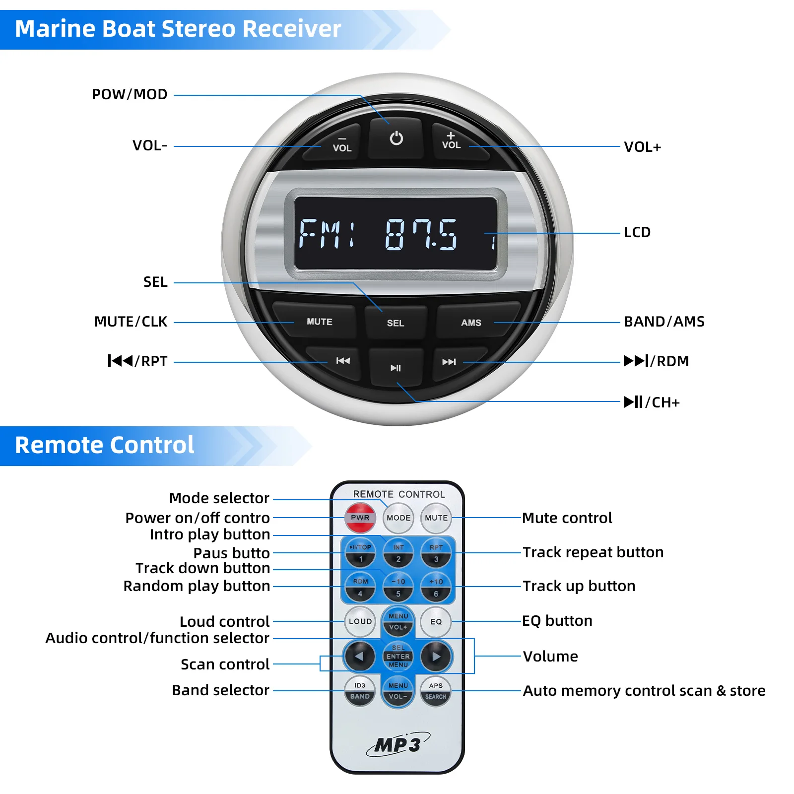 QC Marine Stereo Boat Radio Stereo Player IPX5 Waterproof FM AM Digital Media Player For Yacht Gauge ATV UTV Cart Motorcycle