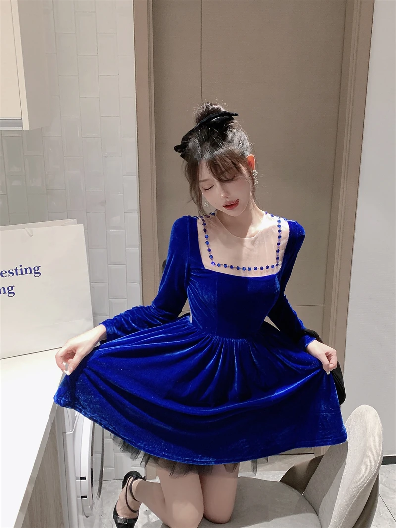 High-End Korean High Waist Square Collar Long Sleeve Slim Women's Dress Autumn Winter Sexy Backless Beaded Velvet A- Line Dress