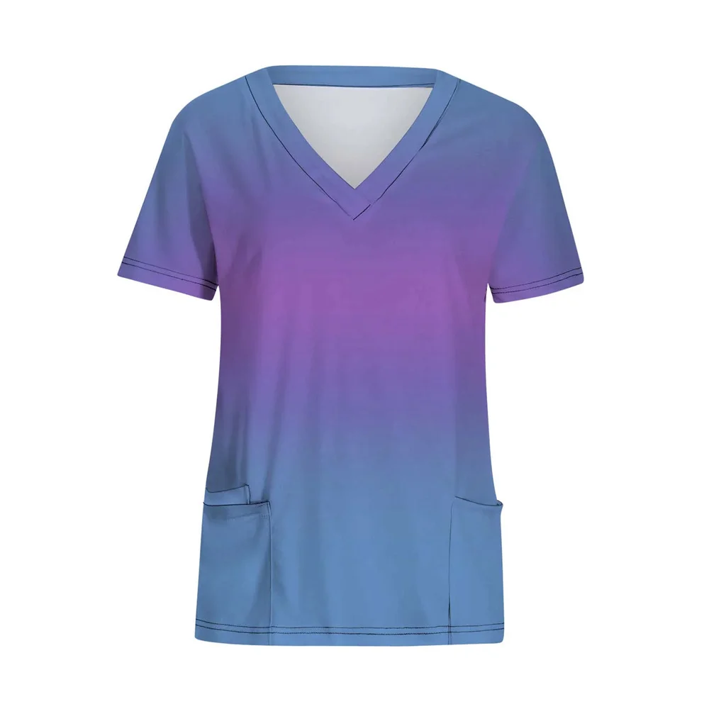 Womens Scrubs Gradient Print Uniforms Carer Work Short Sleeve V Neck Workwear Blouse With Pockets Medical Nursing Carer Uniforms