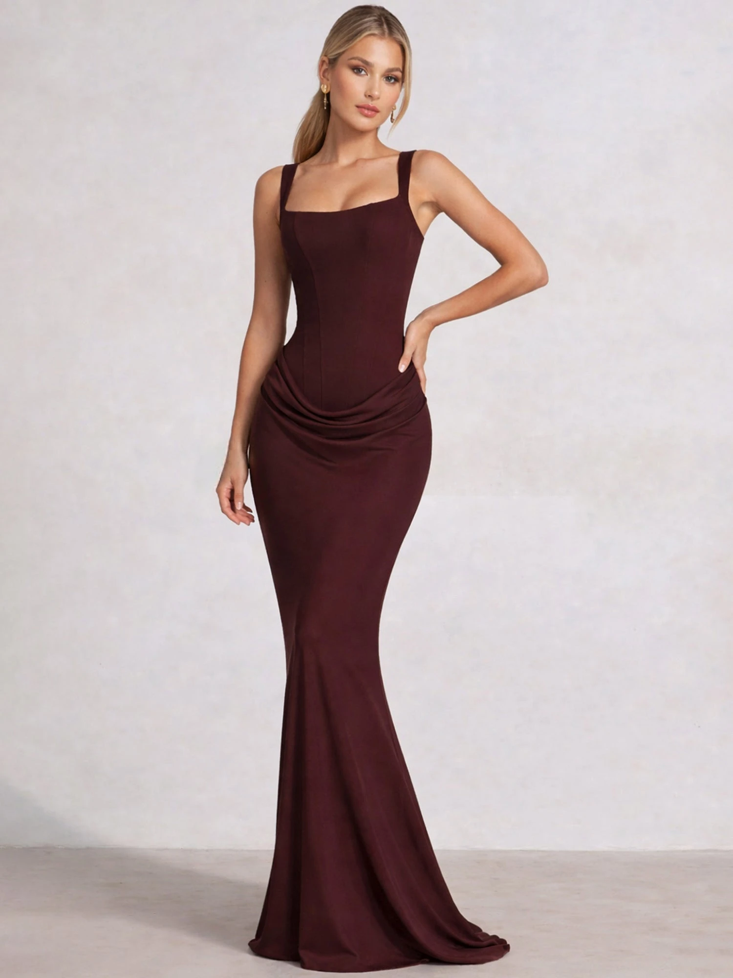 

Simple Satin-Like Women's Formal Evening Gowns Spaghetti Straps Mermaid Corset Floor Length Wedding Guest Ruched Dress