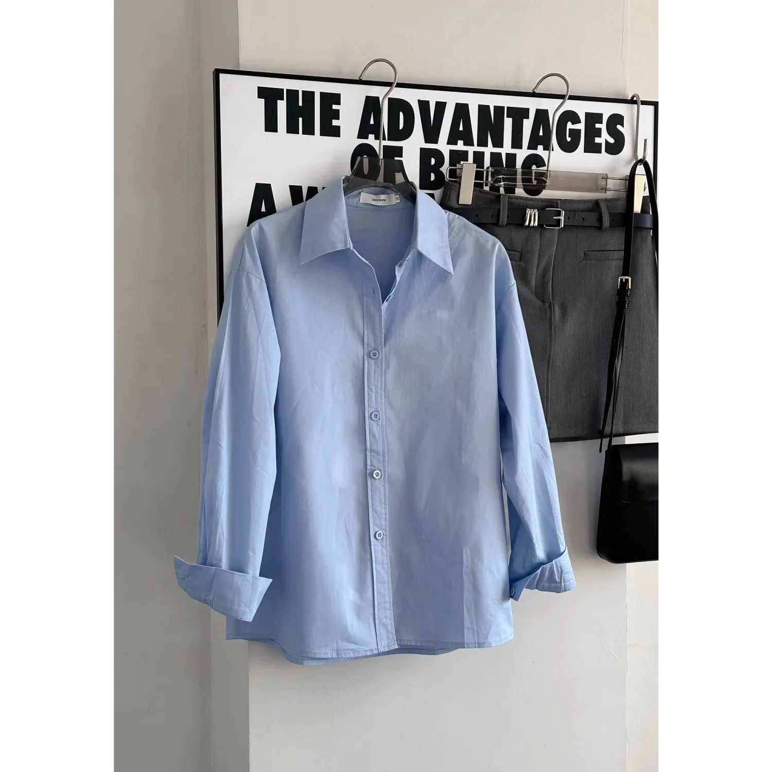 

Blue Pure Cotton Long Sve irt Women's Spring Autumn New Small Size Inner Wear Layering Design Unique irt Top