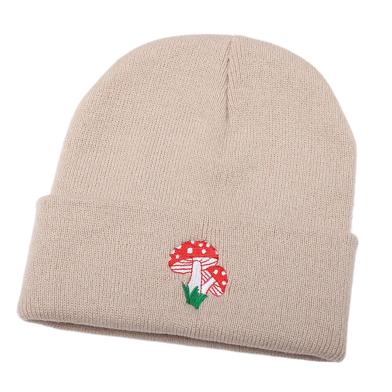 Ladies Knitted Cap Autumn Winter Hat Mushroom Embroidery Beanie for Women Cute Style