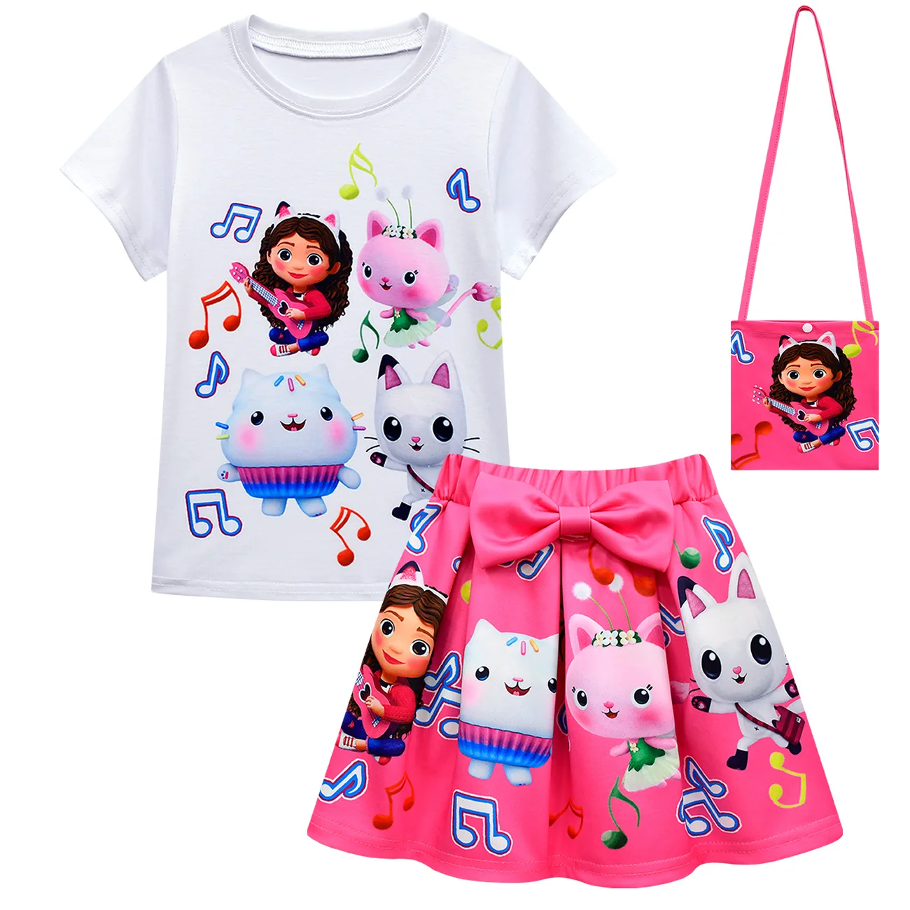 GabyDoll Cat house Girls Clothes Sets Summer Cats-tastic Tops+Bow Cartoon Print Skirt+Bag+Headband 4pcs Children\'s Clothing Suit