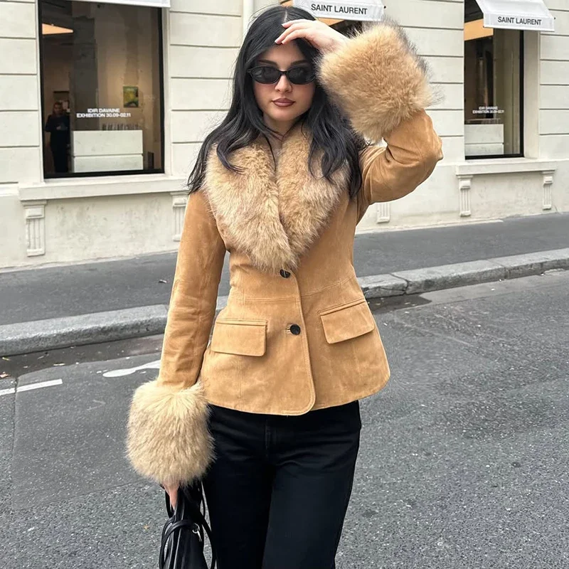 

Retro Suede Suit Fur Collar Jacket Women's Detachable Fur Collar Button Loose Splioce Streetwear Coat Autumn Winter