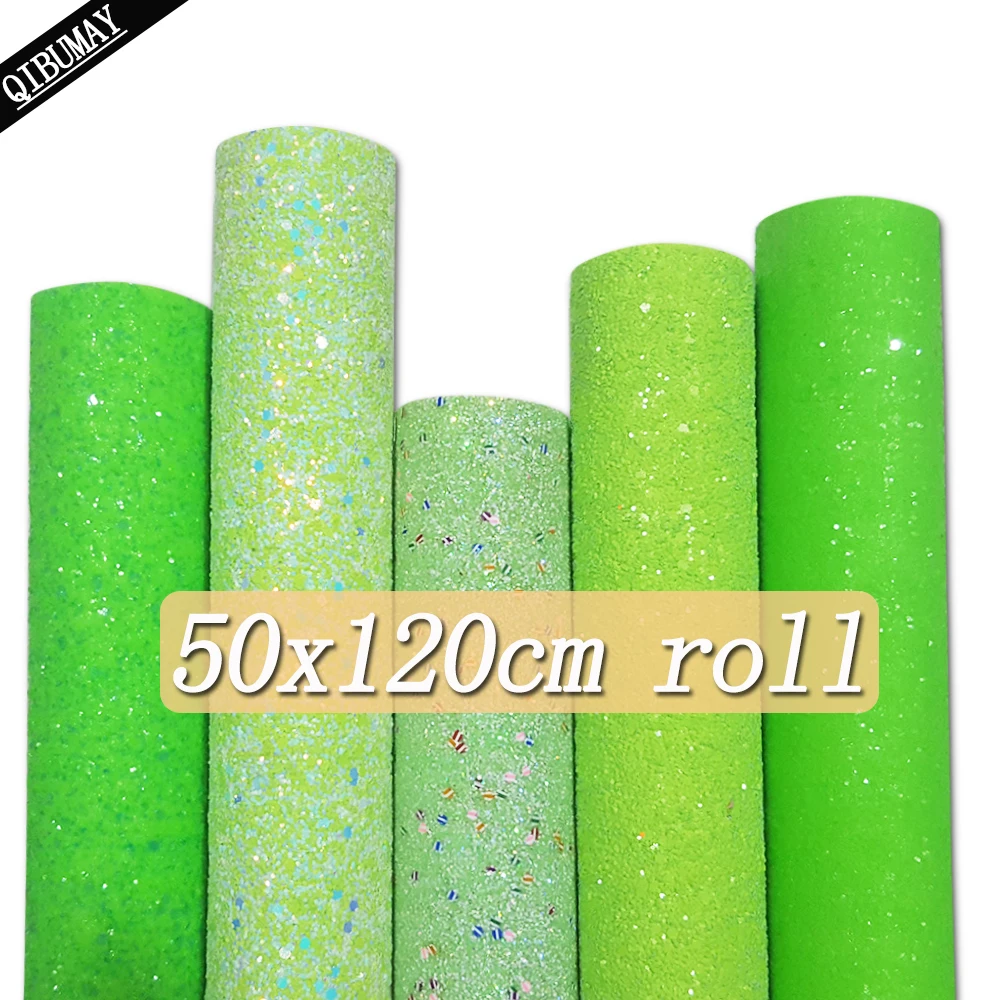 QIBU 50x120cm Green Chunky Glitter Fabric By Yard Solid Color Faux Leather Roll Vinyl For Bows DIY Craft Material For Bag Making