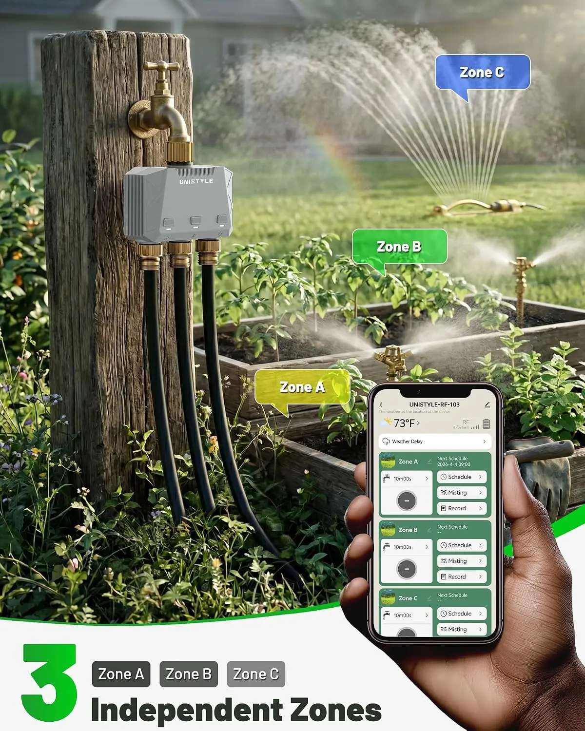 1700FT WiFi Sprinkler Timer 3 Zone with Brass Inlet, Smart Hose Timer Compatible Alexa & Google