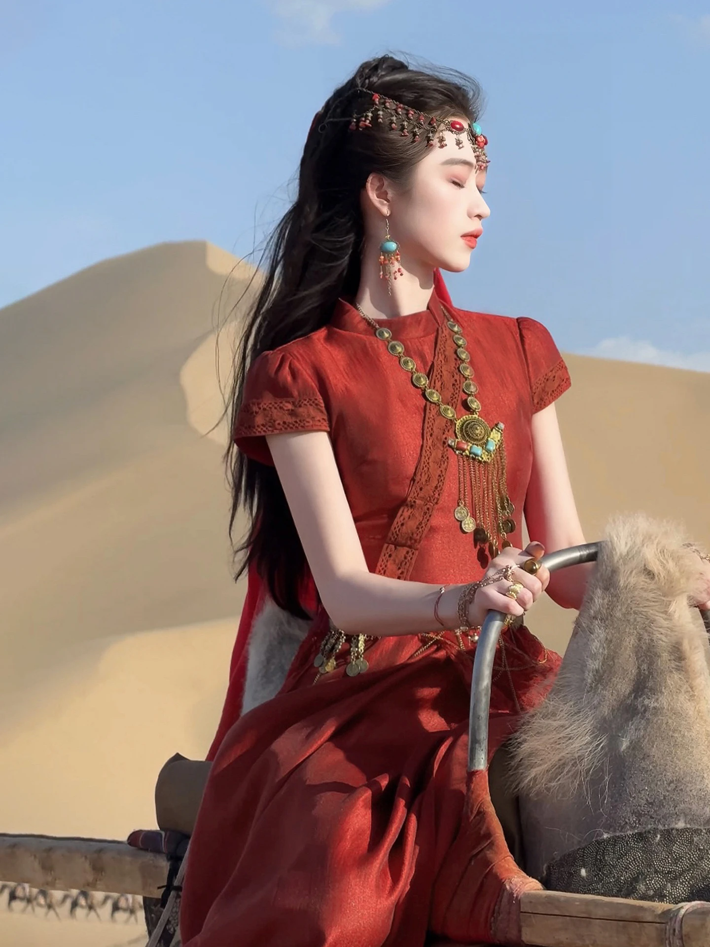 東湖慈燕 新中国風レースプリント改良版 レディース夏用シルク レトロ風ミディ丈旗袍またはSve L...