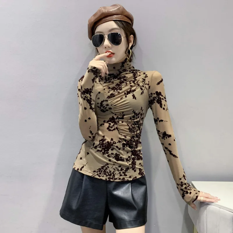 #7941 Khaki Green Basic Mesh T Shirt Women Casual Vintage Printed T Shirt Femme Sexy Thin Tight  See Through Women's T-shirt 3XL