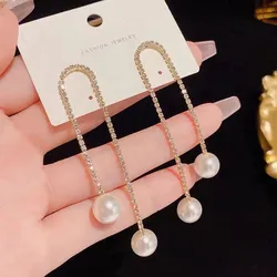 Pendientes largos de perlas de cristal de hadas para mujer, joyería de moda coreana, pendientes de gota de borla de circón de lujo, nuevo, 2023