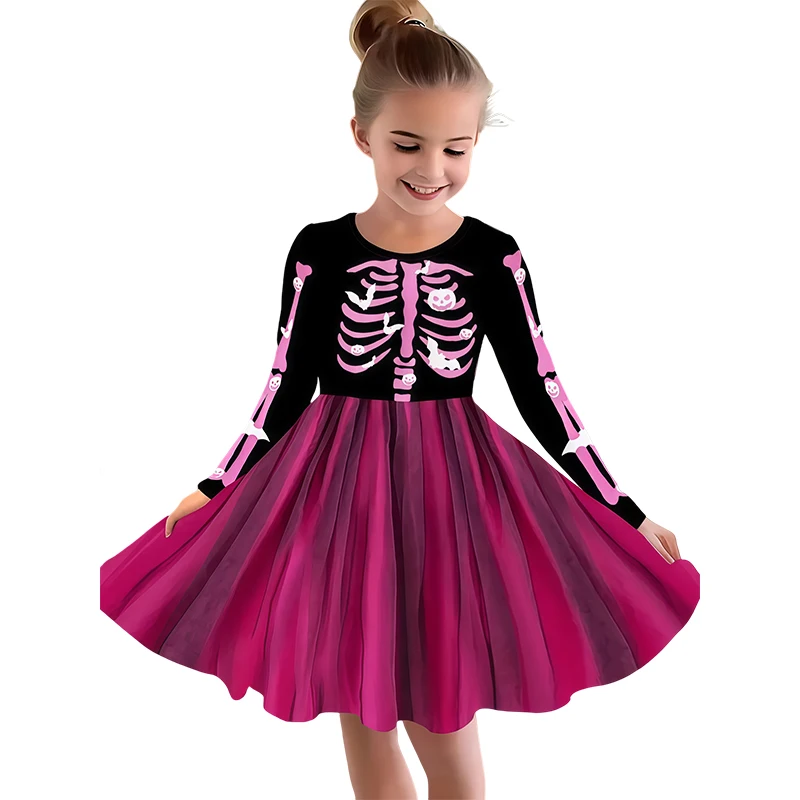 Girls Halloween Dress 2-7 Years Rainbow Skeleton Costume with Glow-in-Dark Print Toddler Party Dress for Witch Party & Cosplay