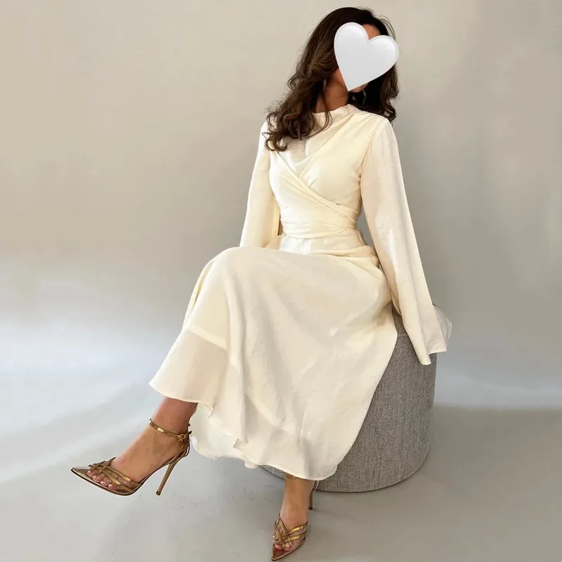 Aleeshuo Simple Saudi Arabia Solid color Long Sleeve Vestidos De Noche A-Line Pleated Chiffon O-Neck Ankle-Length Customized