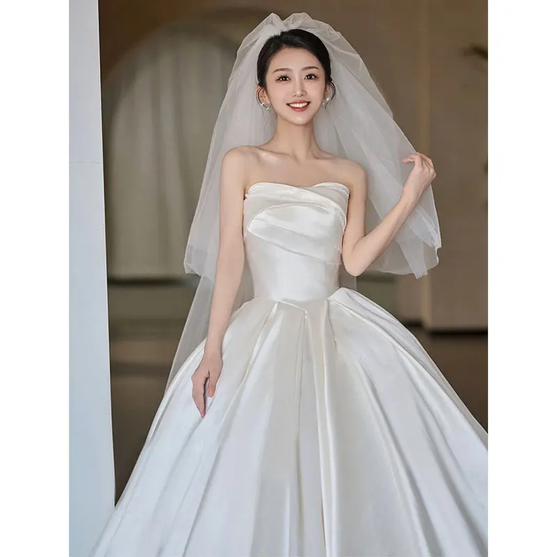 

White Wedding Dress Straplesss Summer Women Puffy Formal Party Pageant Gown Young Girls Elegant Evening Dresses New Style