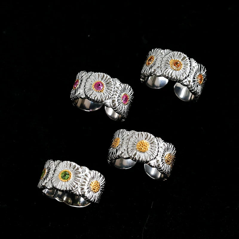 

Daisy Bloom Open-Access Ring Niche Design Wide-Band Sterling Silver Zircon Ring