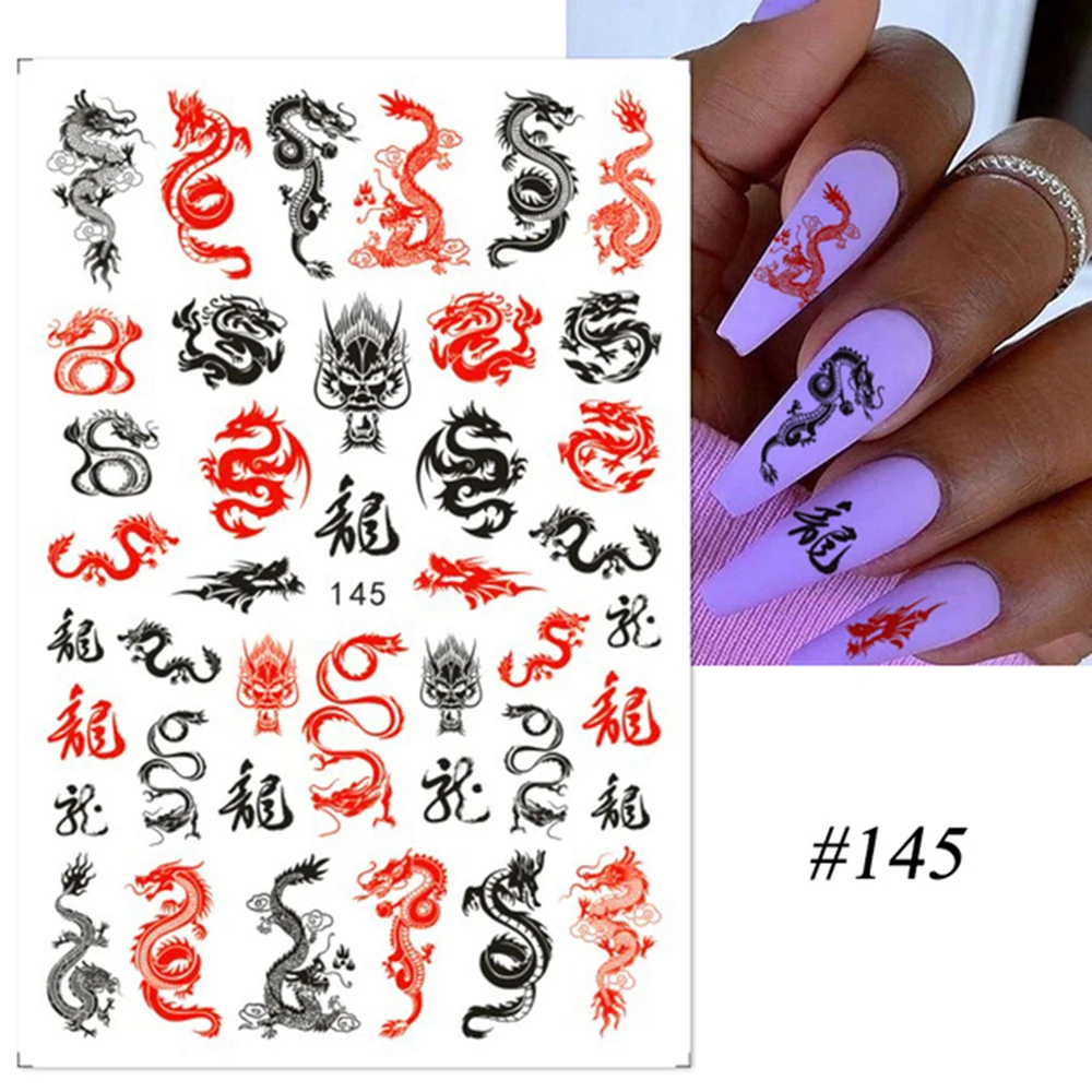 New 3D Black Gothic Style Dragon Snake Nail Stickers Self Adhesive Slider Chinese Nails Art Decoration Decals Wraps